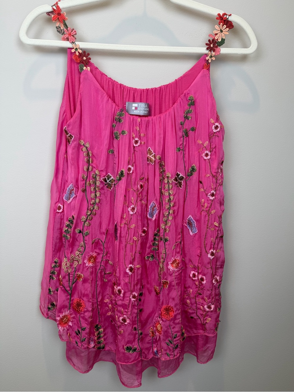 Tina Stephens Made in Italy Silk Blend Pink Floral Embroidered Tiered Dress